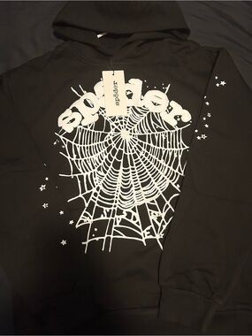 Sp5der Black Crewneck Sweater with White Spiderweb Graphic - Men